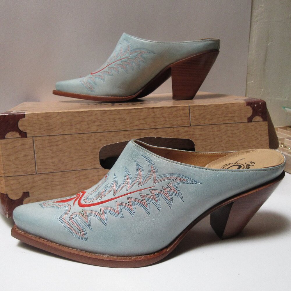 Lucchese Light Blue & Red Embroidered Leather Mules
